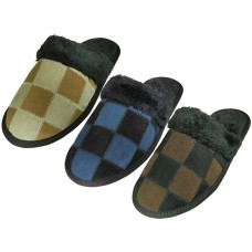 M6299 - Wholesale Men's Leather Suede Upper Square Patch With Faux fur Cuff House Slippers ( **Asst. Gray, Beige And Lt. Brown )